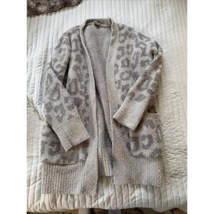 Barefoot Dreams CozyChic Leopard Cardigan Linen/Warm Grey Open Front Small